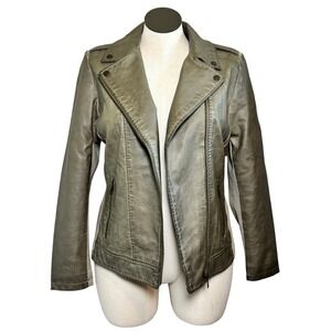 Sebby Collection Womens Taupe Faux Leather Moto Jacket Ribbed Panels Size Large